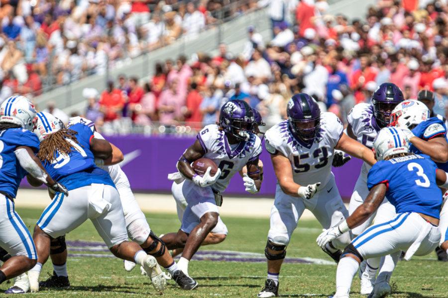TCU running back Zach Evans (6) had 113 yards rushing in the Frogs 42-34 loss to SMU on Sept. 25, 2021. (Esau Rodriguez/Staff Photographer)