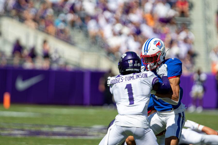 TCU cornerback TreVius Hodges-Tomlinson (1) attempts to shed a block in TCUs 42-34 loss to SMU on Sept. 25, 2021. (Esau Rodrigues/Staff Photographer)