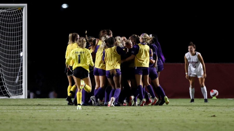No. 6 TCU celebrates a victory in overtime after striker Messiah Bright scores her ninth career game-winning goal on Thursday, Sept. 9. (Photo courtesy of gofrogs.com)