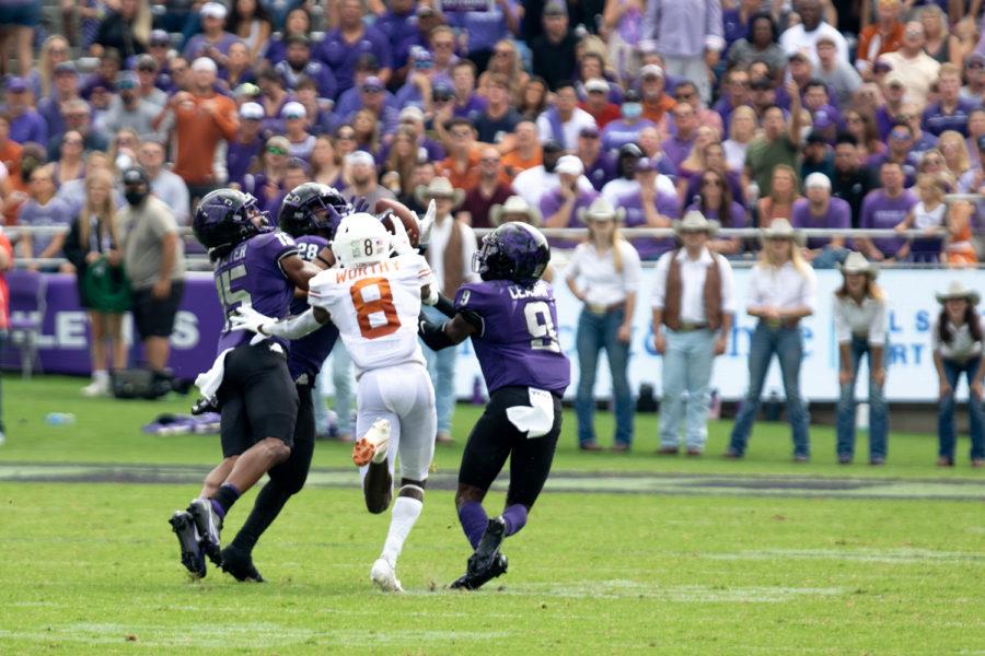 TCU safety Nook Bradford (28) picks off Texas quarterback Casey Thompson in the Frogs 32-27 loss to the Longhorns on Oct. 2, 2021. (Esau Rodriguez/Staff Photographer)