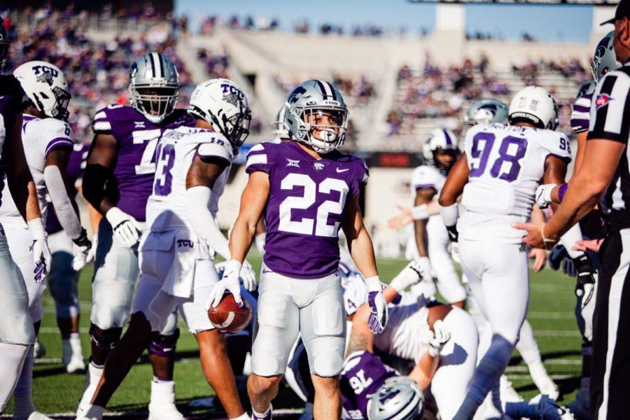 Kansas States Deuce Vaughn (22) rushed for 109 yards and two touchdowns in the Frogs 31-12 loss on Oct. 30, 2021. (Photo courtesy of @KStateFB on Twitter)