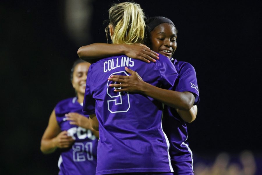 Grace+Collins+and+Chaylyn+Hubbard+embrace+after+a+goal%2C+putting+the+Frogs+in+a+1-0+lead+on+Oct.+7%2C+2021.+%28Photo+courtesy%3A+TCU+Soccer+Twitter%29