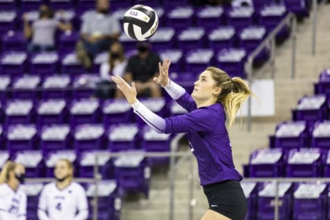 TCU libero Dani Dennison is now the all-time leader for digs with 1,441 digs in her career. (Heesoo Yang/Staff Photographer)