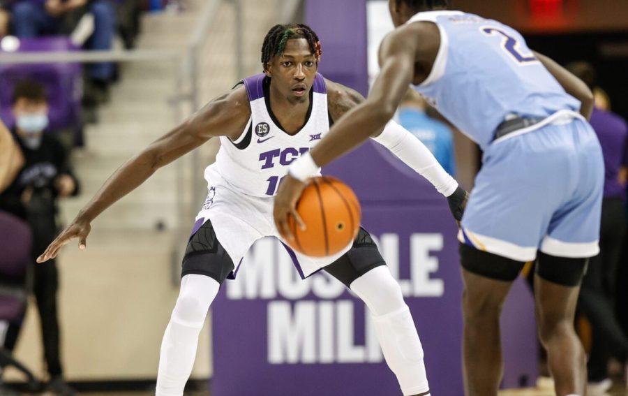 TCU+guard+Damion+Baugh+%2810%29+plays+defense+in+the+Frogs+77-61+season-opening+win+over+McNeese+State+on+Nov.+11%2C+2021.+%28Photo+courtesy+of+gofrogs.com%29