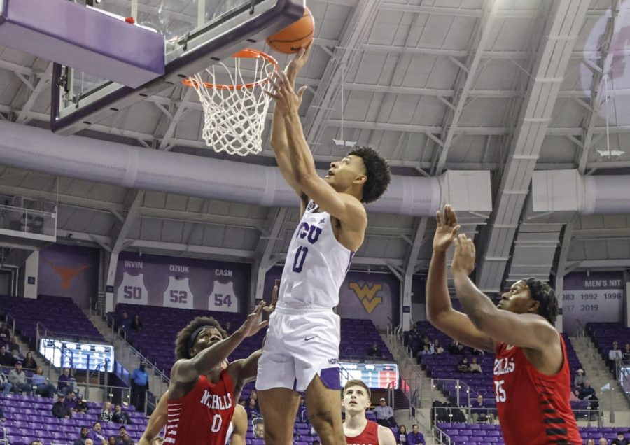 TCU guard Micah Peavy goes up for a layup in TCUs 63-50 win over Nicholls State on Nov. 18, 2021. (Photo courtesy of gofrogs.com)