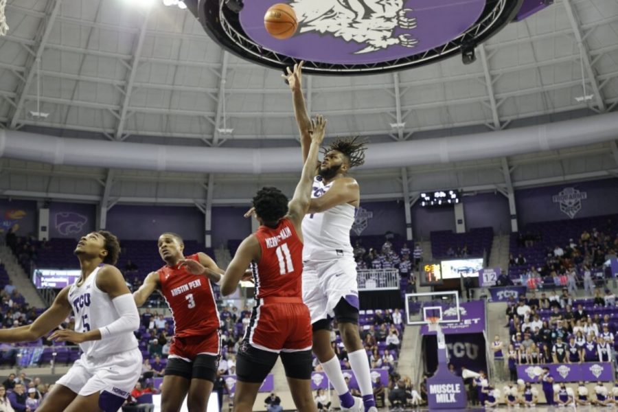 TCU forward Eddie Lampkin Jr. (4) goes up for a floater in TCUs 68-51 win over Austin Peay on Monday. (Photo courtesy of gofrogs.com)