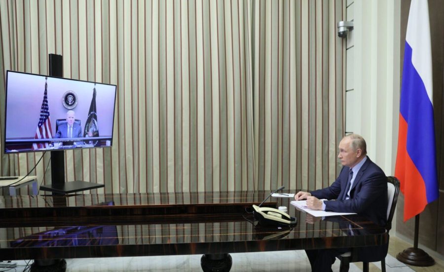 Russian President Vladimir Putin is shown during his talks with U.S. President Joe Biden via videoconference in the Bocharov Ruchei residence in the Black Sea resort of Sochi, Russia, Tuesday, Dec. 7, 2021. The video call between U.S. President Joe Biden and Russian President Vladimir Putin, during which the two leaders are expected to discuss tensions over Ukraine. (AP Photo/Mikhail Metzel)
