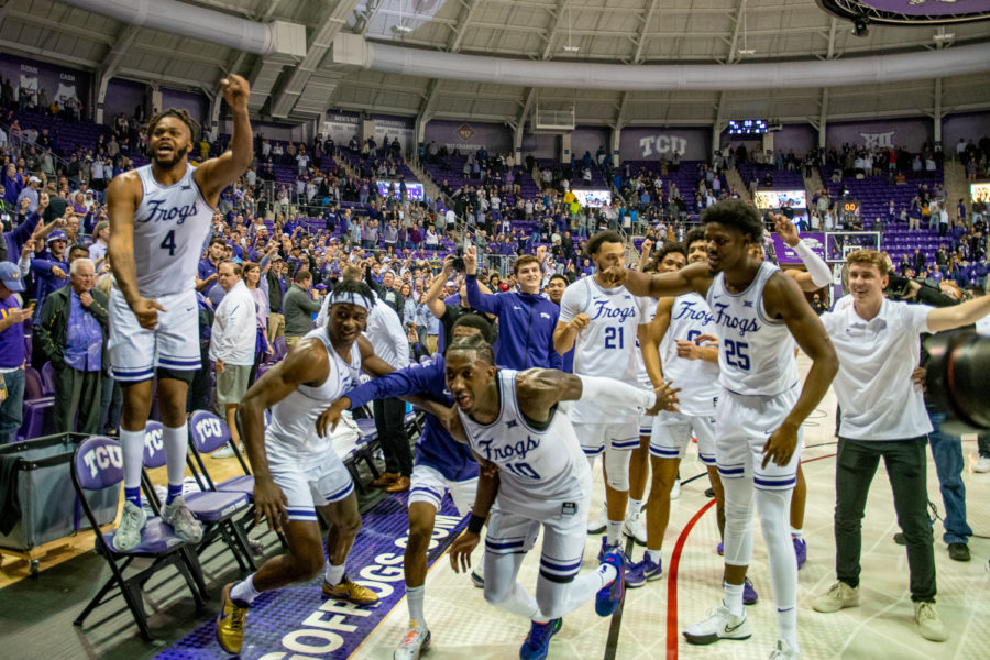Led by guard Damion Baugh (10), TCU basketball celebrates its win over No. 19 LSU at Schollmaier Arena on Jan. 29, 2022. (Esau Rodriguez Olvera/Head Staff Photographer)