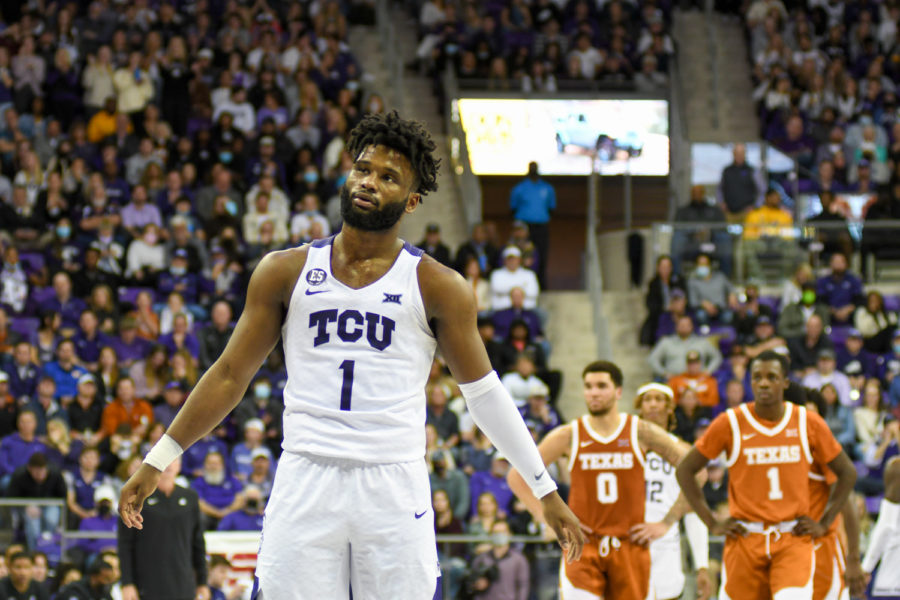 TCU guard Mike Miles (1) does not like what he sees during the Frogs blowout loss at home to Texas on Jan. 25, 2022. (Esau Rodriguez Olvera/Head Staff Photographer)