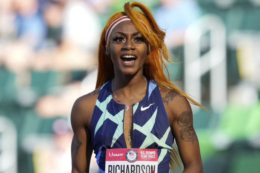 FILE - In this June 19, 2021, photo, ShaCarri Richardson celebrates after winning the first heat of the semis finals in womens 100-meter run at the U.S. Olympic Track and Field Trials in Eugene, Ore. From doping, to demonstrations to dirty officials, the Olympics have never lacked their share of off-the-field scandals and controversies that keep the Games in the headlines long after the torch goes out.  Only weeks before the start of the Olympics, the ban of American sprinter Richardson for a positive marijuana test fueled a debate about whether that drug — not considered a performance enhancer and now legal in some parts of the globe — should be forbidden anymore. (AP Photo/Ashley Landis, File)