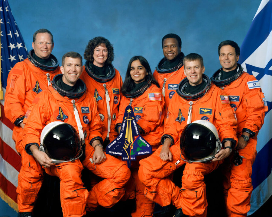 This undated file photo released by NASA shows space shuttle Columbia STS-107 crew members from left to right, front row, commander Rick Husband, mission specialist Kalpana Chawla, pilot William McCool, back row, mission specialist David Brown, mission specialist Laurel Clark, payload commander Michael Anderson and payload specialist Ilan Ramon of Israel. Space Shuttle Columbia disintegrated over Texas on Feb. 1, 2003. (AP Photo/NASA, File)