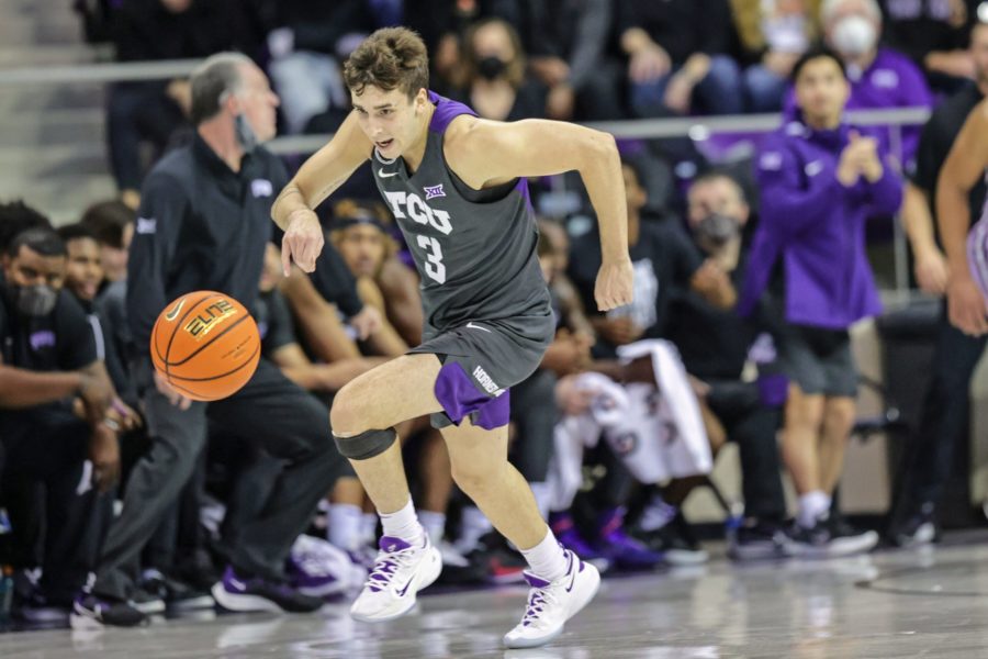 TCU+guard+Francisco+Farabello+dribbles+up+the+floor+in+TCUs+home+loss+to+Kansas+State+on+Feb.+5%2C+2022.+%28Photo+courtesy+of+gofrogs.com%29
