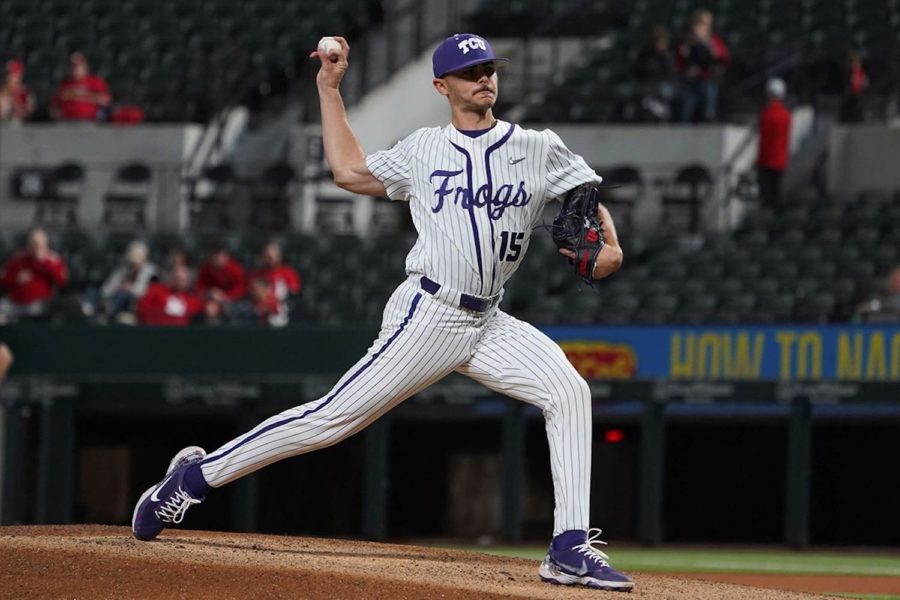Starting+pitcher+Riley+Cornelio+gave+up+three+hits+and+struck+out+seven%2C+securing+the+win+for+TCU+over+Nebraska+on+Feb.+27%2C+2022.+%28Photo+courtesy+of+go+frogs.com%29