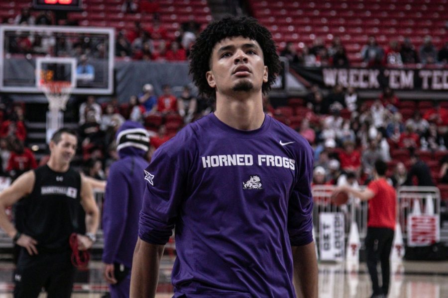 TCU guard Micah Peavy warms up before his first game back in United Supermarkets Arena since transferring to TCU from Texas Tech in April 2021. The Frogs fell to No. 9 Texas Tech in Peavys homecoming on Feb. 12, 2022. (Photo courtesy of gofrogs.com)