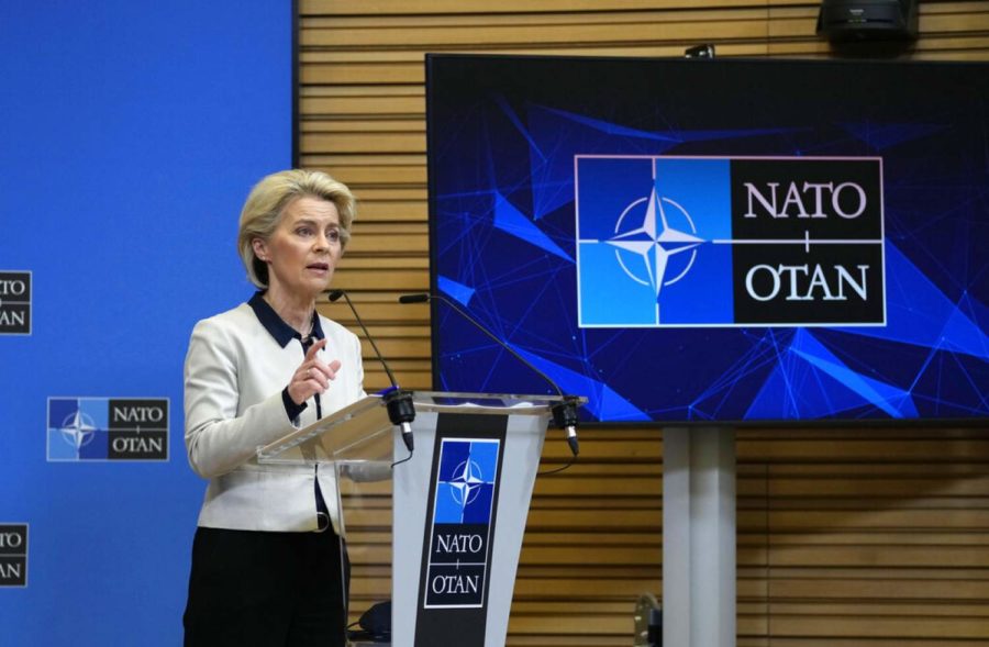 European Commission President Ursula von der Leyen speaks during a media conference at NATO headquarters in Brussels, Thursday, Feb. 24, 2022. Europe and Canada said Sunday, Feb. 27, they would close their airspace to Russian airlines after Russia’s invasion of Ukraine, raising the pressure on the U.S. to do the same. “We are shutting down the EU airspace for Russians,” said European Commission President von der Leyen. (AP Photo/Virginia Mayo, File)