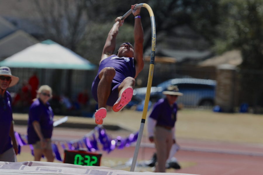 Dominic Crisostomo competed in the pole vault event at the TCU Invitational. He finished fourth overall. (Micah Pearce/Staff Photographer)
