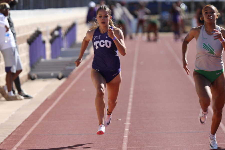 Emma Seetoo, normally a jumper, threw on the sprinting spikes at the TCU Invitational running the 100 meters. (Micah Pearce/Staff Photographer)