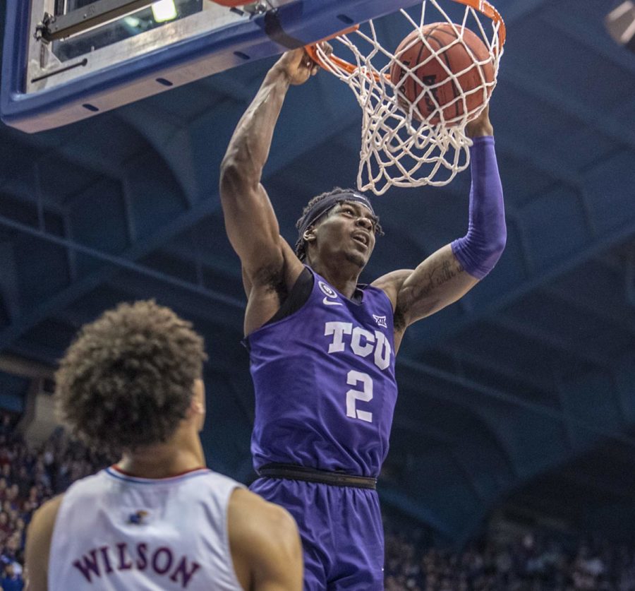TCU+forward+Emanuel+Miller+throws+down+a+dunk+in+TCUs+72-68+loss+to+No.+6+Kansas+on+the+road+on+March+3%2C+2022.+%28Photo+courtesy+of+gofrogs.com%29