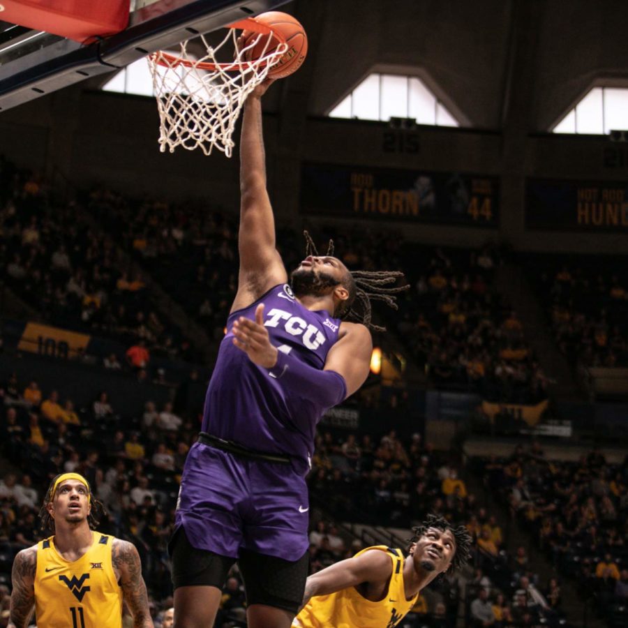 TCU forward Eddie Lampkin (4) hits a layup in TCUs 70-64 loss to West Virginia on the road on March 5, 2022. (Photo courtesy of gofrogs.com)