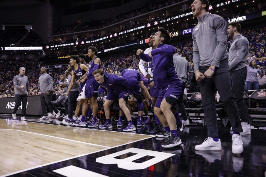 The TCU basketball bench erupts during the Frogs 20-point comeback win over No. 22 Texas in the Big 12 tournament quarterfinals in Kansas City, Missouri, on March 10, 2022. (Photo courtesy of gofrogs.com)