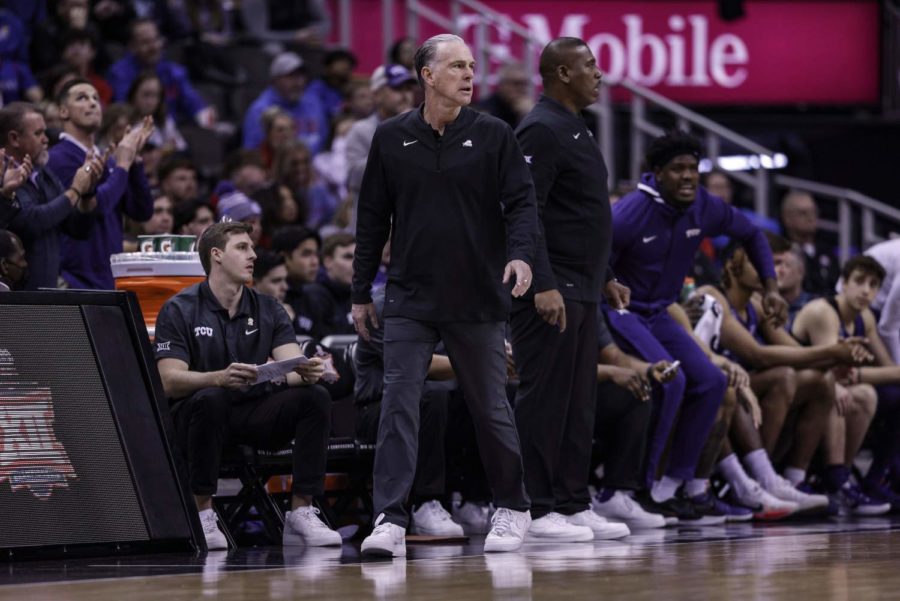 TCU head coach Jamie Dixon surveys the court during TCUs 75-62 loss to No. 6 Kansas in the Big 12 tournament semifinals in Kansas City, Missouri, on March 11, 2022. (Photo courtesy of gofrogs.com)