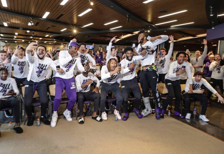 TCU+basketball+celebrates+after+hearing+their+name+called+as+a+9th+seed+in+the+2022+NCAA+tournament.+%28Photo+courtesy+of+gofrogs.com%29