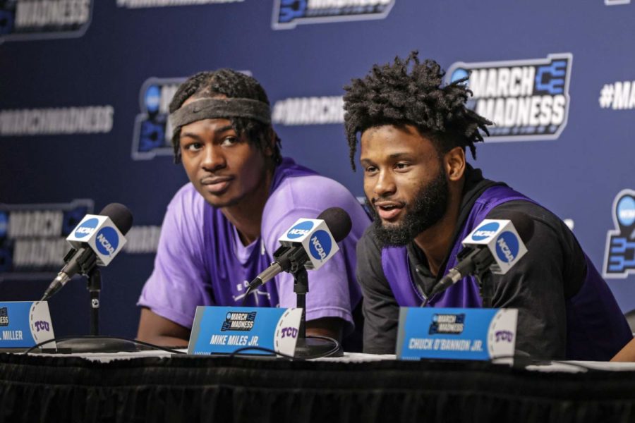TCUs Emanuel Miller (left) and Mike Miles (right) speak with the media on Thursday, Mar. 17, ahead of the Frogs matchup with Seton Hall in the First Round of the NCAA tournament in San Diego, Calif. (Photo courtesy of gofrogs.com)