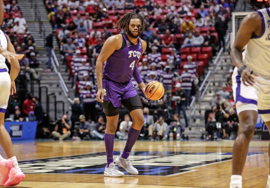 TCU forward Eddie Lampkin (4) surveys the floor during the Frogs' 69-42 rout of Seton Hall in the First Round of the NCAA tournament on Mar. 18, 2022, in San Diego, Calif. (Photo courtesy of gofrogs.com)