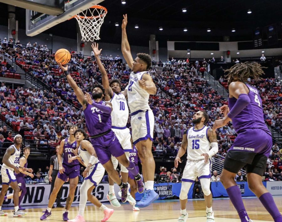 TCU guard Mike Miles (1) drives to the hoop for a contested layup during the Frogs' 69-42 beatdown of Seton Hall in the First Round of the NCAA tournament on Mar. 18, 2022, in San Diego, Calif. (Photo courtesy of gofrogs.com)