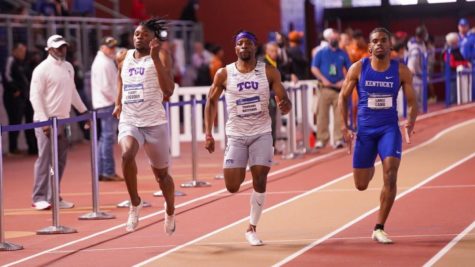 Robert Gregory Jr. (left) and Tinotenda Matiyenga (right) finish second and third in the 200 meter race at the 2022 National Indoor meet. (courtesy of: gofrogs.com)