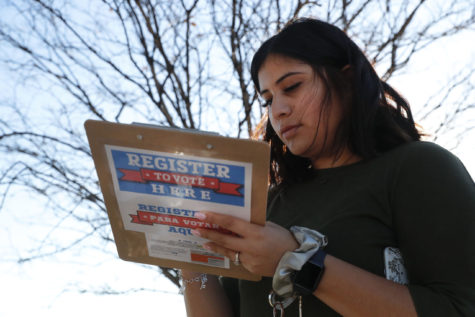 Karina Shumate, 21, a college student studying stenography, fills out a voter registration form in Richardson, Texas, Saturday, Jan. 18, 2020. Democrats are hoping this is the year they can finally make political headway in Texas and have set their sights on trying to win a majority in one house of the state Legislature. Among the hurdles theyll have to overcome are a series of voting restrictions Texas Republicans have implemented in recent years, including the nations toughest voter ID law, purging of voter rolls and reductions in polling places. (AP Photo/LM Otero)