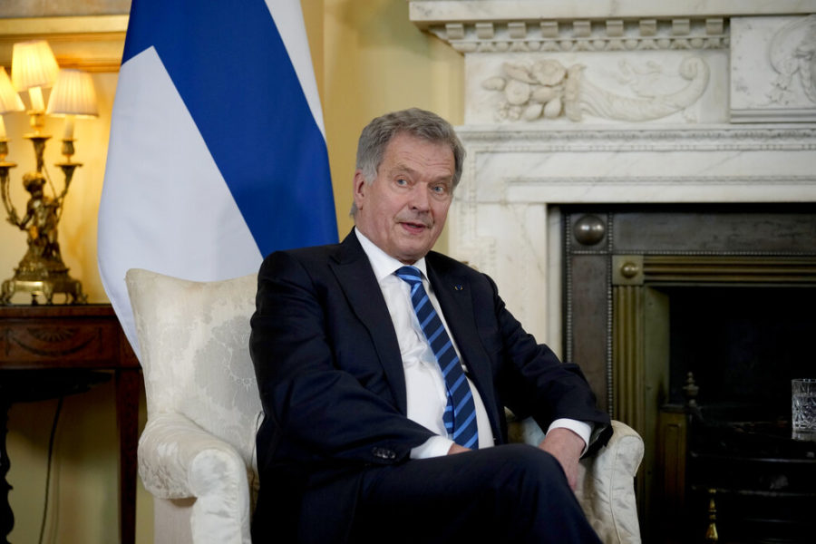 The President of Finland Sauli Niinisto speaks at the start of his meeting with British Prime Minister Boris Johnson inside 10 Downing Street, in London, Tuesday, March 15, 2022. Johnson on Tuesday hosted a meeting of the leaders of the the Joint Expeditionary Force (JEF), a coalition of 10 states focused on security in northern Europe. (AP Photo/Matt Dunham, Pool)