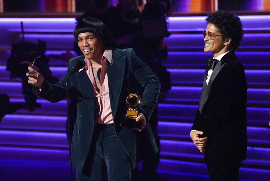 Anderson .Paak, left, and Bruno Mars of Silk Sonic accept the award for record of the year for Leave the Door Open at the 64th Annual Grammy Awards on Sunday, April 3, 2022, in Las Vegas. (AP Photo/Chris Pizzello)