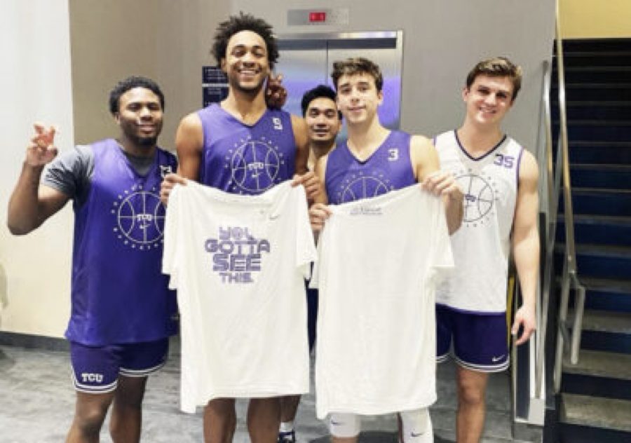 You Gotta See This: Member’s of TCU’s Men’s Basketball team pose with Student Frog Club t-shirts in support of the club. 