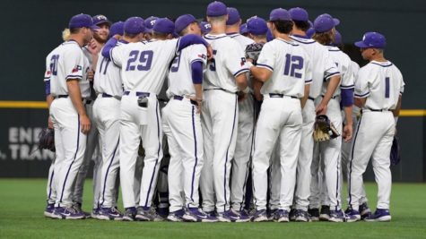 No. 18 TCU baseball huddles up prior to its loss against No. 9 Oklahoma State on May 27, 2022. (Photo courtesy of Gofrogs.com)