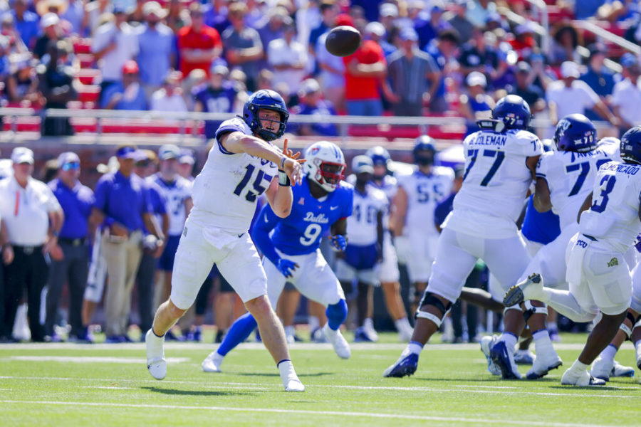 TCU quarterback Max Duggan (15) passes during the first half of an NCAA college game against SMU on Saturday, Sept. 24, 2022, in Dallas, Texas. (AP Photo/Gareth Patterson)