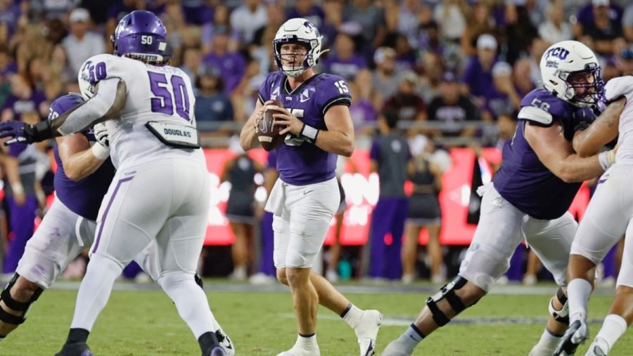 TCU+QB+Max+Duggan+sets+a+career-high+390+passing+yards+in+a+59-17+victory+over+Tarleton+State+on+Sept.+10%2C+2022.+%28Photo+courtesy+of+gofrogs.com%29