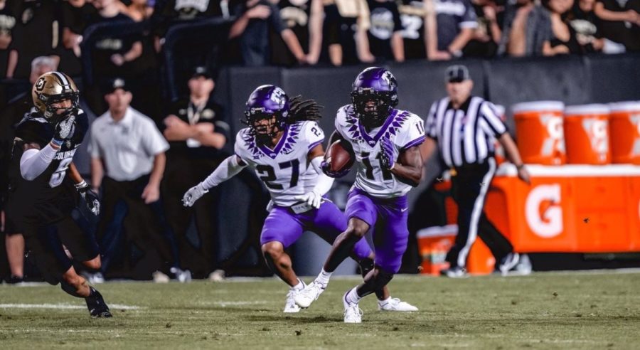 Senior wide receiver Derius Davis notches two touchdowns, including a 60-yard punt return, leading the Frogs to a 38-13 victory over the Colorado Buffaloes on Sept. 2, 2022. (Photo courtesy of GoFrogs.com)