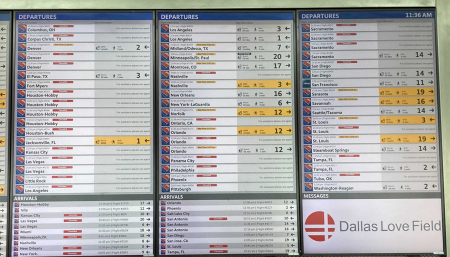 A flight information board shows cancellations for a number of Southwest Airlines flights, Sunday, Oct. 10, 2021, at Dallas Love Field. (AP Photo/Julie March)
