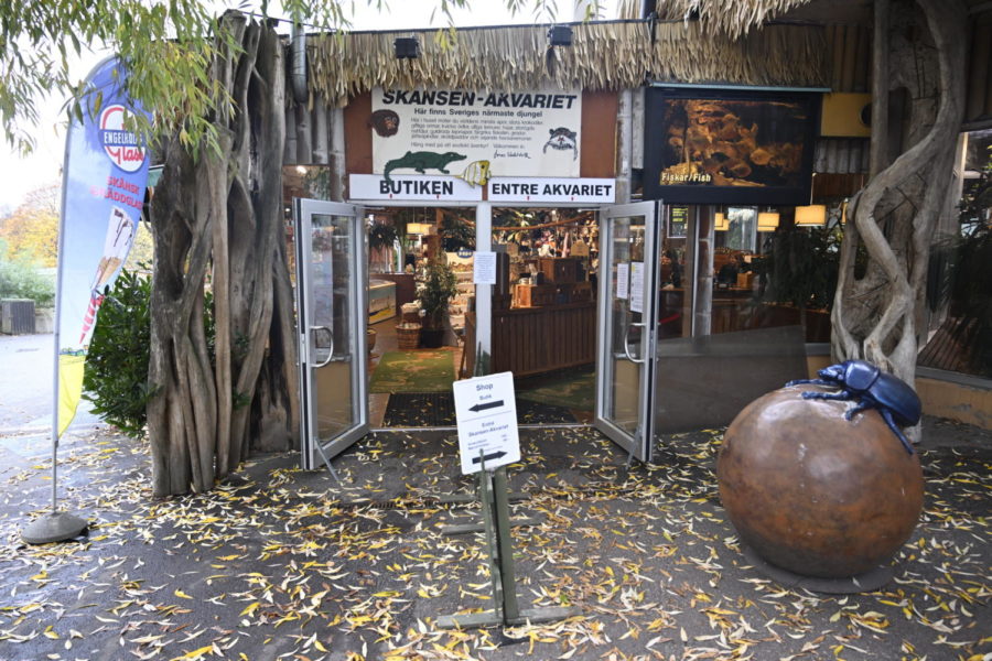 The Skansen Aquariums entrance, part of the zoo on Djurgarden island, where a deadly snake escaped on Saturday via a light fixture in the ceiling of its glass enclosure, in Stockholm, Sweden, Monday Oct. 24, 2022. A venomous king cobra which escaped from its home in a Swedish zoo six days ago has been located inside the building where its terrarium is located but has not yet been recaptured, the park said Friday, Oct. 28, 2022. (Henrik Montgomery/TT News Agency via AP)