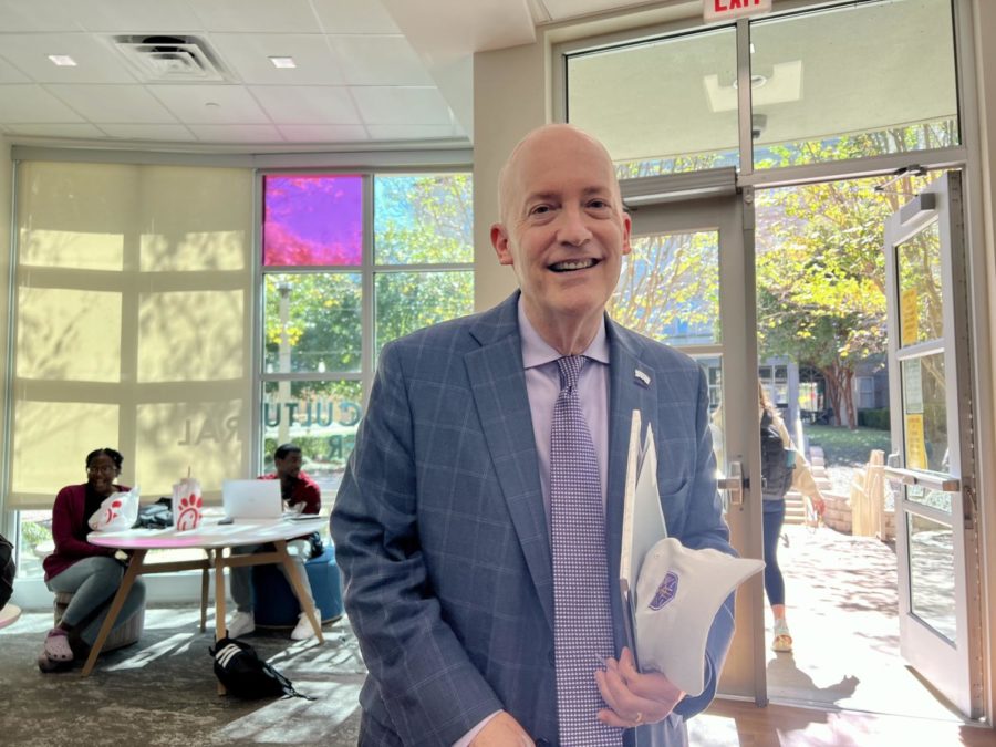 TCU Chancellor Victor Boschini on October 26, 2022. The town hall meetings were held in TCUs Intercultural Center. (Leah Bolling/ Staff Writer)