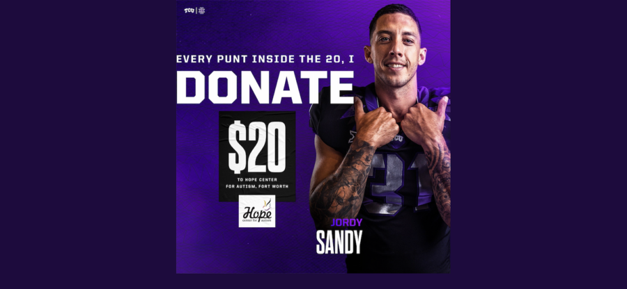 TCU+punter+Jordy+Sandy+is+donating+%2420+to+the+Hope+Center+for+Autism+in+Fort+Worth+every+time+one+of+his+punts+lands+inside+the+20-yard+line.+Aug.+31%2C+2022.