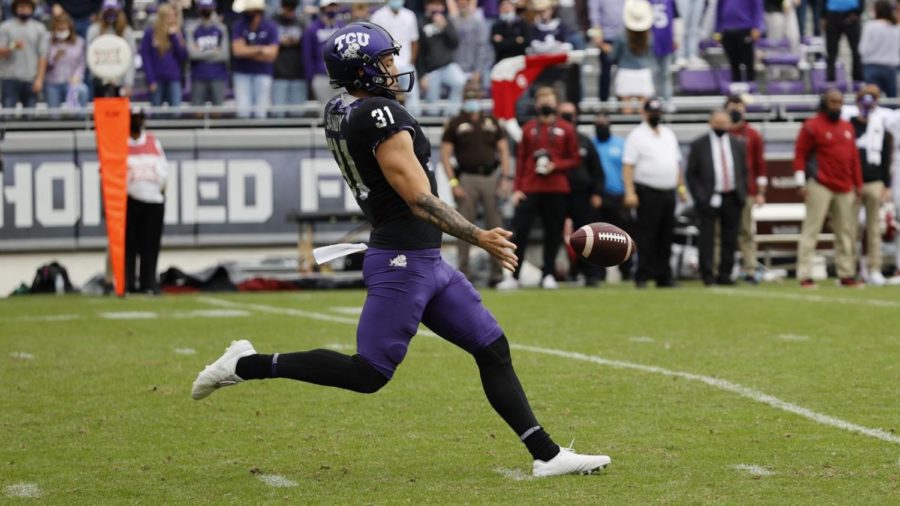 TCU punter Jordy Sandy has 7 punts inside the 20-yard line in the 2022 season, totaling $140 in donations to the Hope Center for Autism in Fort Worth. (Oct. 11, 2022). Photo courtesy of: gofrogs.com. 