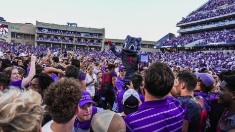 TCU students storm the field after the Frogs take down Oklahoma State 43-40 in Fort Worth, Texas, on Oct. 15, 2022. (Photo courtesy of GoFrogs.com)