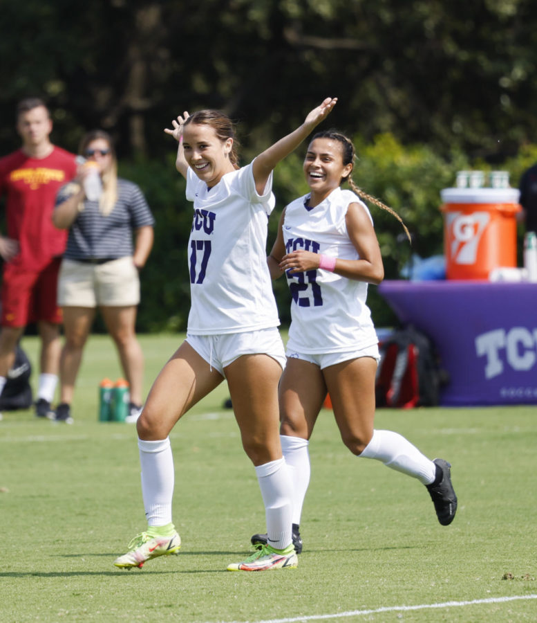 Midfielder, Gracie Brian celebrates after scoring in TCU vs Iowa State in Fort Worth, Texas on October 9, 2022. (Photo courtesy of gofrogs.com)