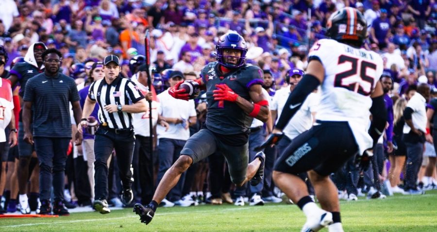 TCU+wide+receiver+Quentin+Johnston+tallies+180+yards+on+8+receptions+on+October+15%2C+2022.+%28photo+courtesy+of+GoFrogs.com%29