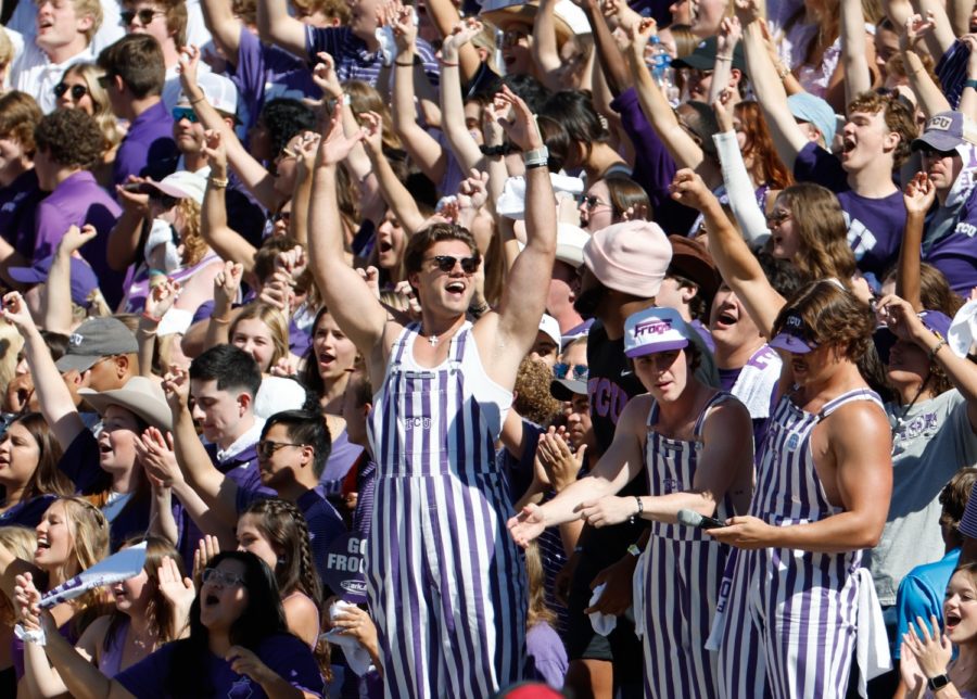 The TCU student section cheers the Frogs to a 55-24 victory against Oklahoma in Fort Worth, Texas, on Oct. 1, 2022. (Photo courtesy of GoFrogs.com)