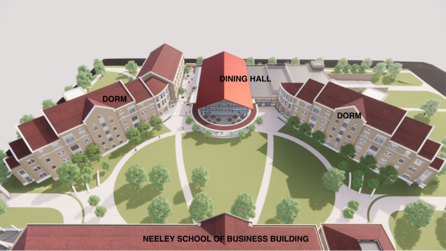 Architectural model of the two new dorms and one new dining hall to be located behind Neeley. (Photo courtesy of Craig Allen)