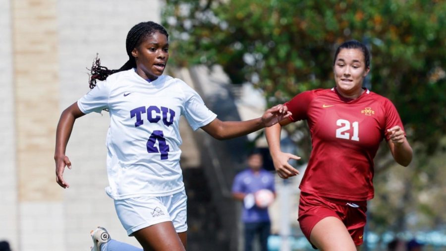 TCU midfielder Chalyn Hubbard fights for possession against Iowa State on Oct. 9, 2022. (Photo courtesy of GoFrogs.com)