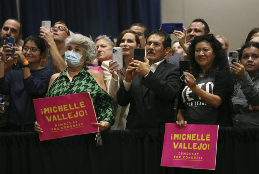 People gather to hear former President Bill Clinton speak in support of Democratic candidate for Texas 15th Congressional District Michelle Vallejo at Edinburg Conference Center at Renaissance Nov. 7, 2022, in Edinburg, Texas. (Delcia Lopez/The Monitor via AP)